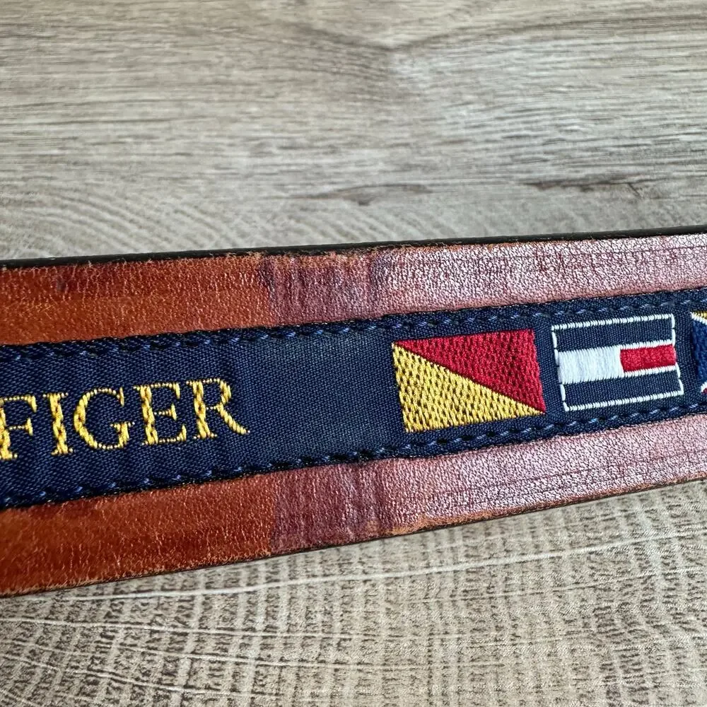 Tommy Hilfiger Vintage Spellout Logo Flags Brown Leather Branded Belt 34